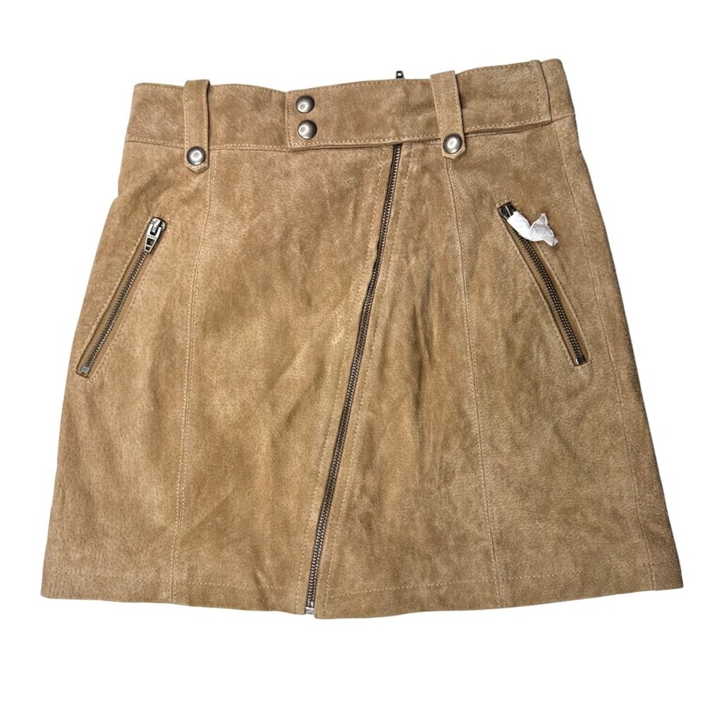 BlankNYC Tan Suede 100% Leather High Rise Moto Zip Detail Mini Skirt Size 25 NEW